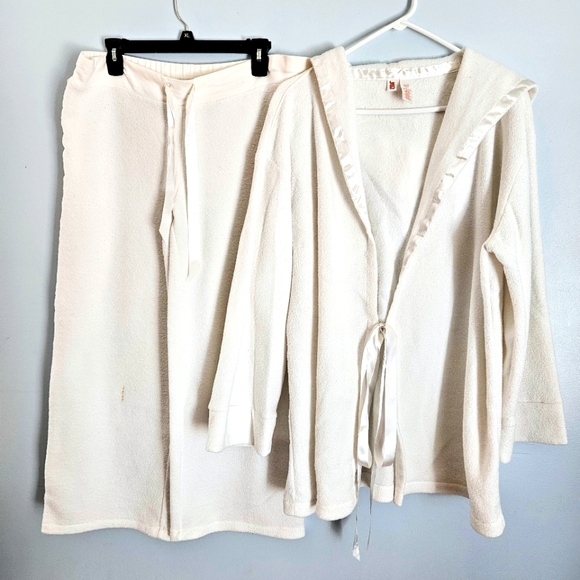 Jennifer Lopez Other - JLO Cream White Terry Hooded Robe Top & Pants w/ Satin Sports Stripe Size Large